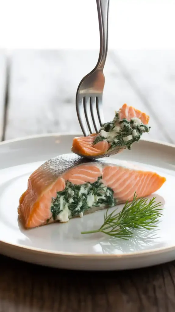A close-up image of a stuffed salmon fillet cut in half, showing the flaky fish and creamy spinach filling."