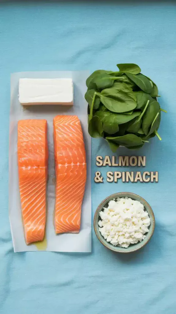  A flat lay collage showing the ingredients for spinach and feta stuffed salmon, including raw salmon, cream cheese, feta, and spinach.