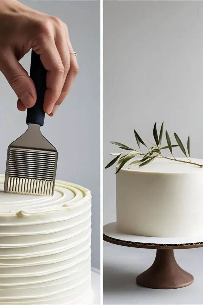 Two images showing the process of creating a textured cake and a finished minimalist cake with an olive branch.