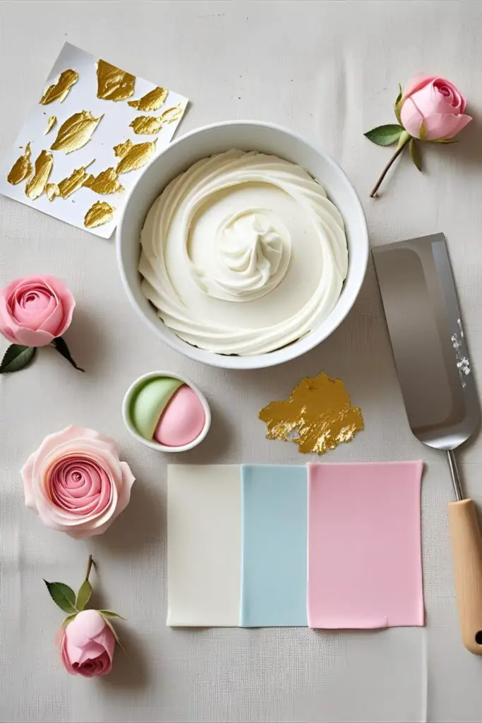 A collage of tools and decorations for creating aesthetic cakes, including pastel frostings, a bench scraper, and edible flowers.