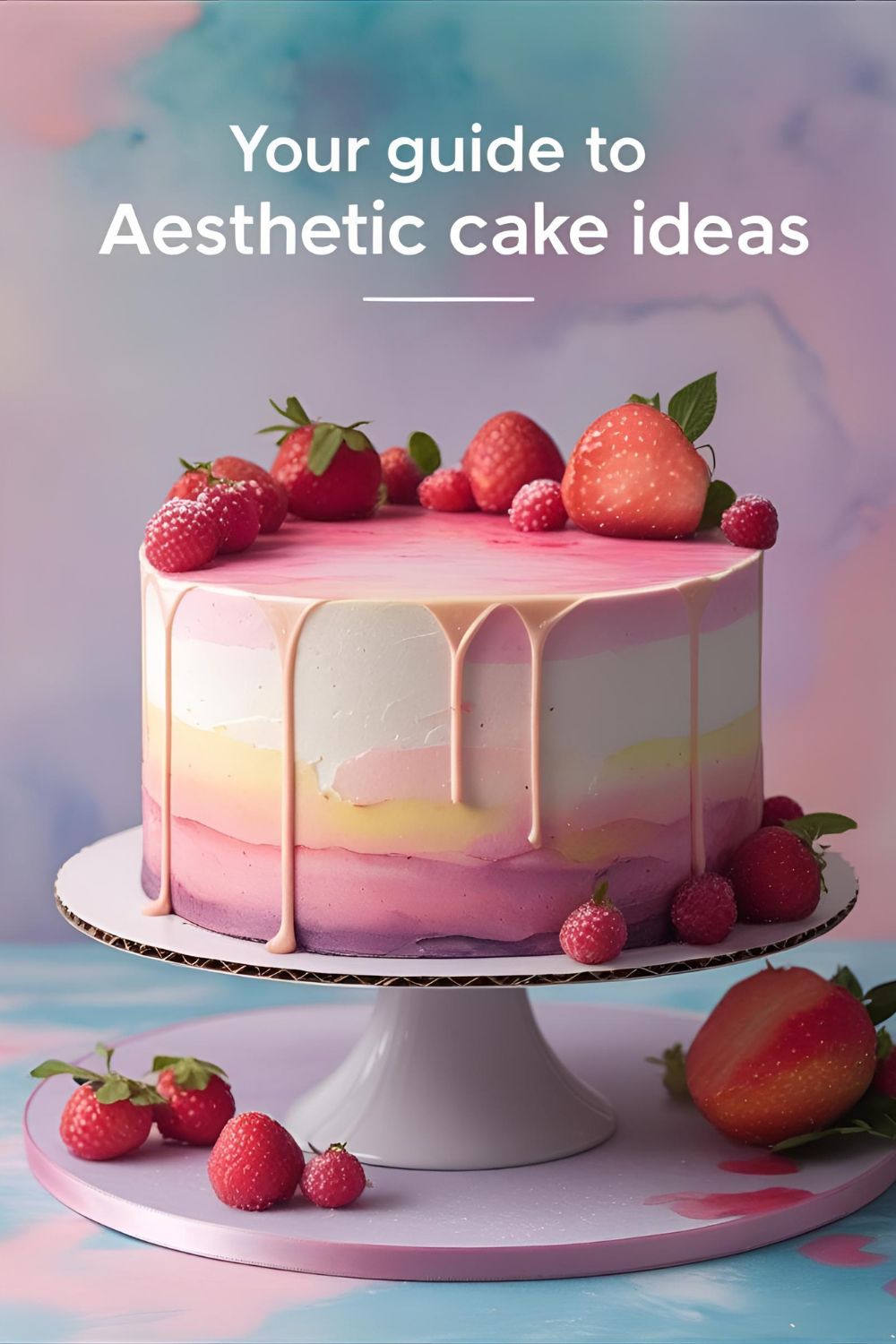 A beautiful pastel watercolor cake with the text overlay "Your Guide to Aesthetic Cake Ideas".