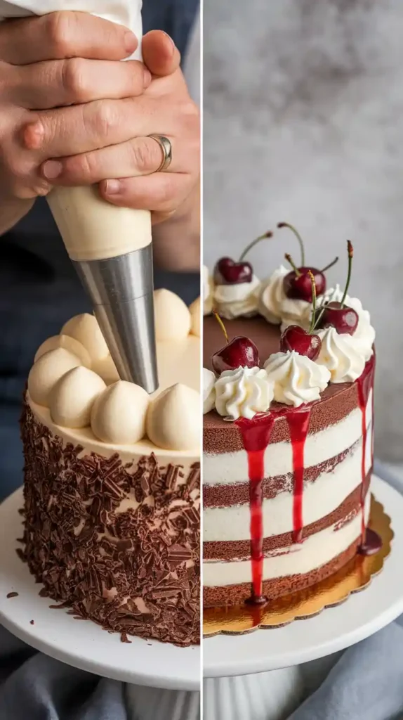 Two images showing the process of piping pastry cream on an inside out cake and a Black Forest cake variant of the same style.