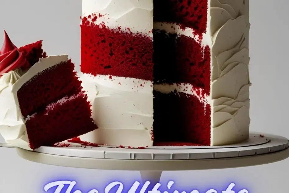 A vibrant red velvet cake with a slice out and the text overlay "The Ultimate Red Birthday Cake".