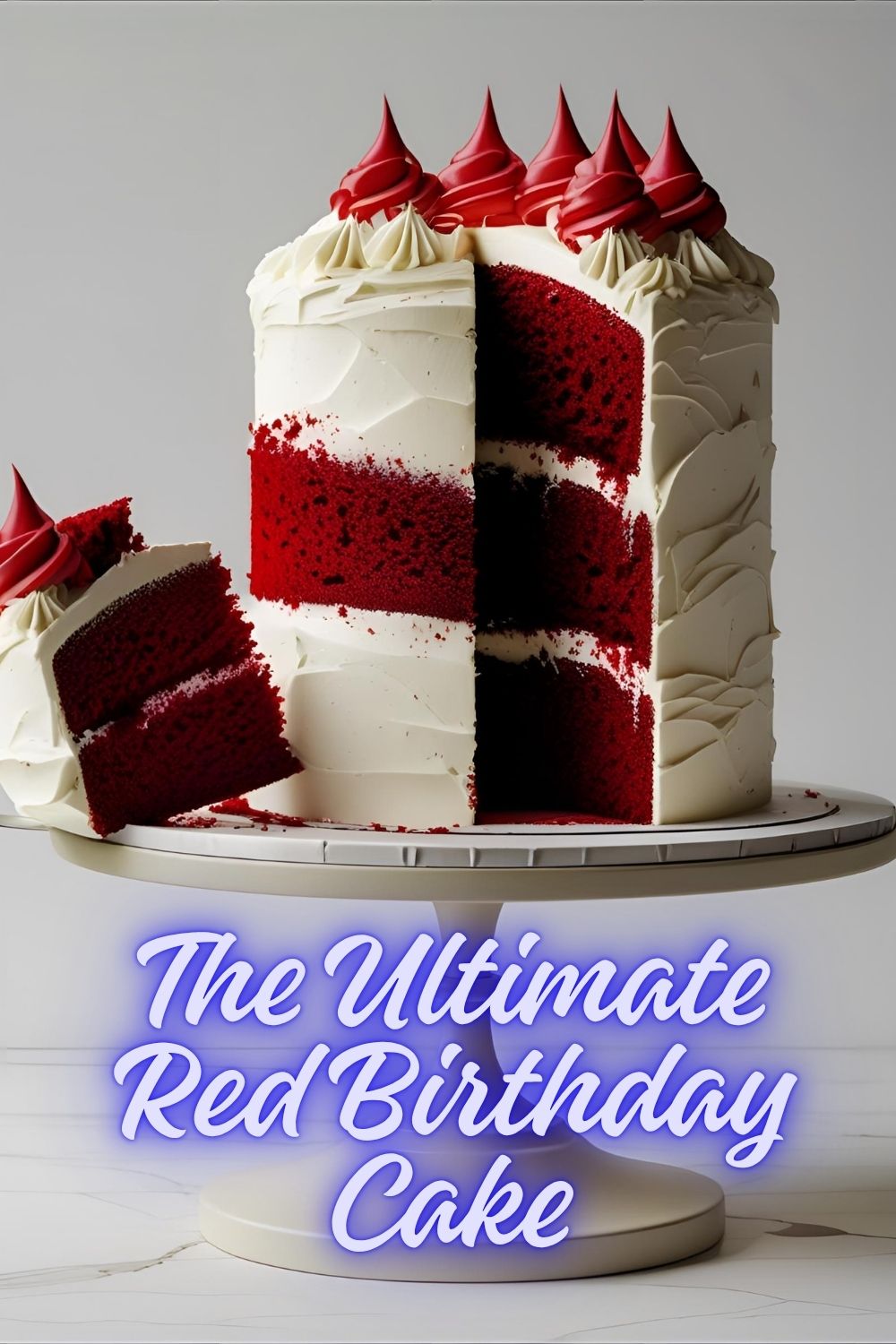 A vibrant red velvet cake with a slice out and the text overlay "The Ultimate Red Birthday Cake".