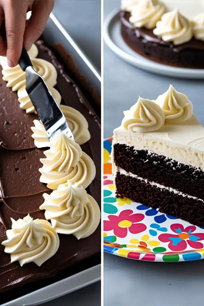 Two images showing the process of frosting an easy birthday cake and a finished slice of the chocolate cake