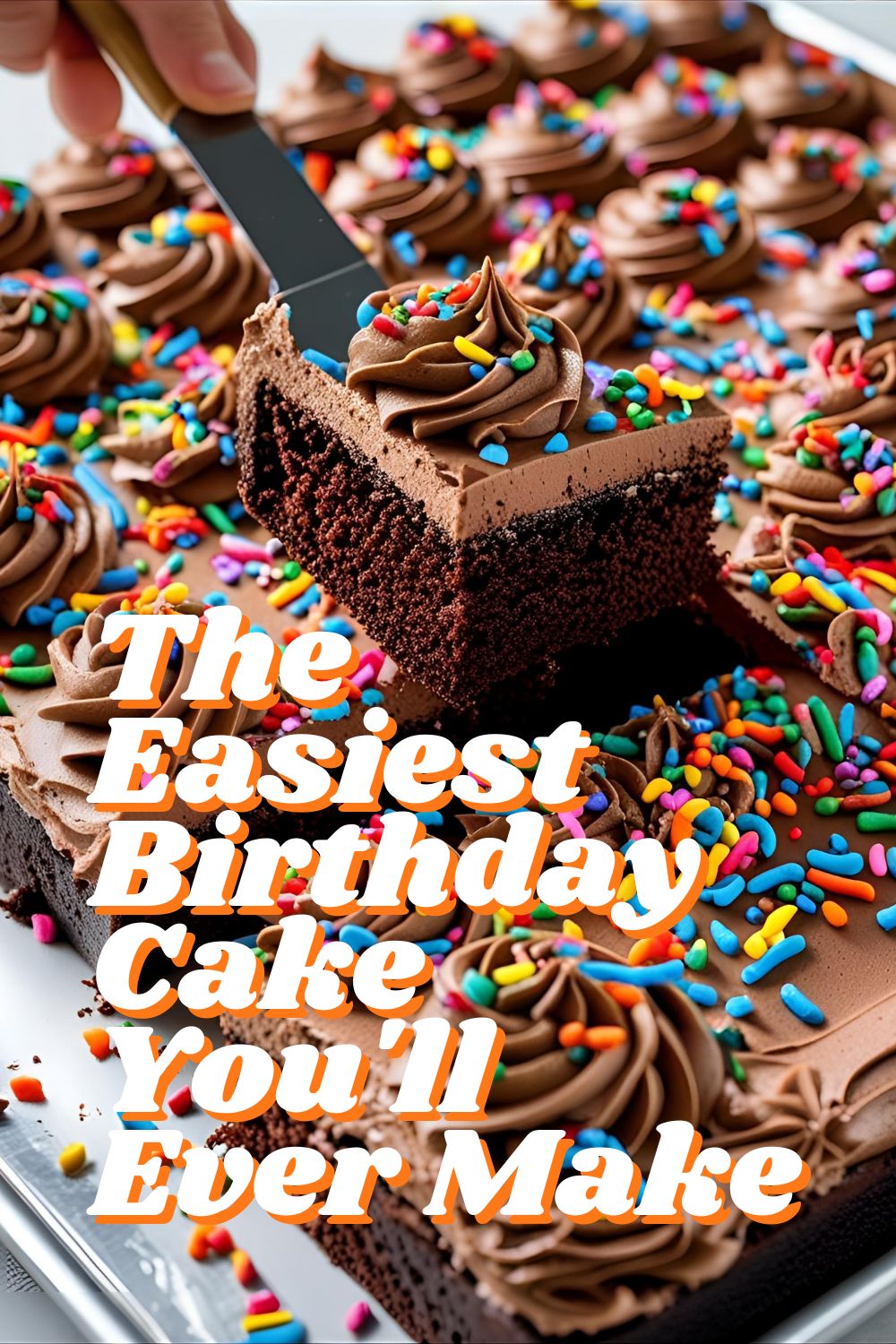 A fun chocolate sheet cake covered in sprinkles with the text overlay "The Easiest Birthday Cake You'll Ever Make".