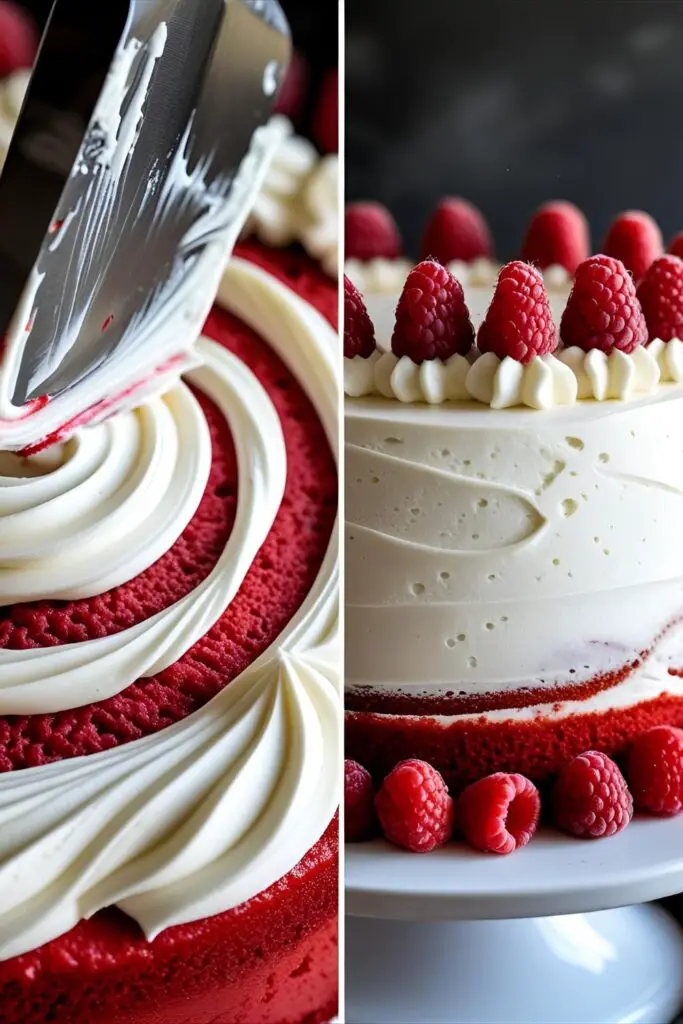 Two images showing the process of frosting a red birthday cake and the finished cake decorated with raspberries.