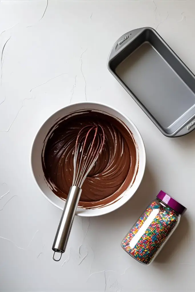  A collage of tools for an easy birthday cake, including a single bowl, a whisk, and a baking pan.