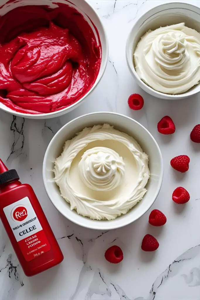  A collage of ingredients for a red birthday cake, including red batter, white frosting, and red gel food coloring.