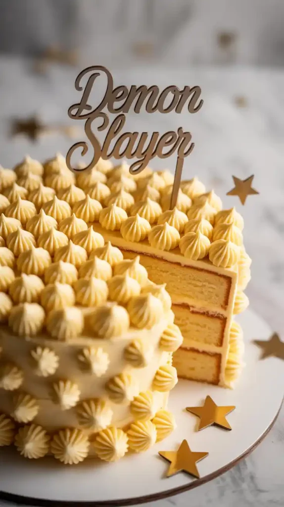 A close-up photo of the finished Demon Slayer cake, focusing on the texture of the piped checkerboard pattern and the cake's interior.