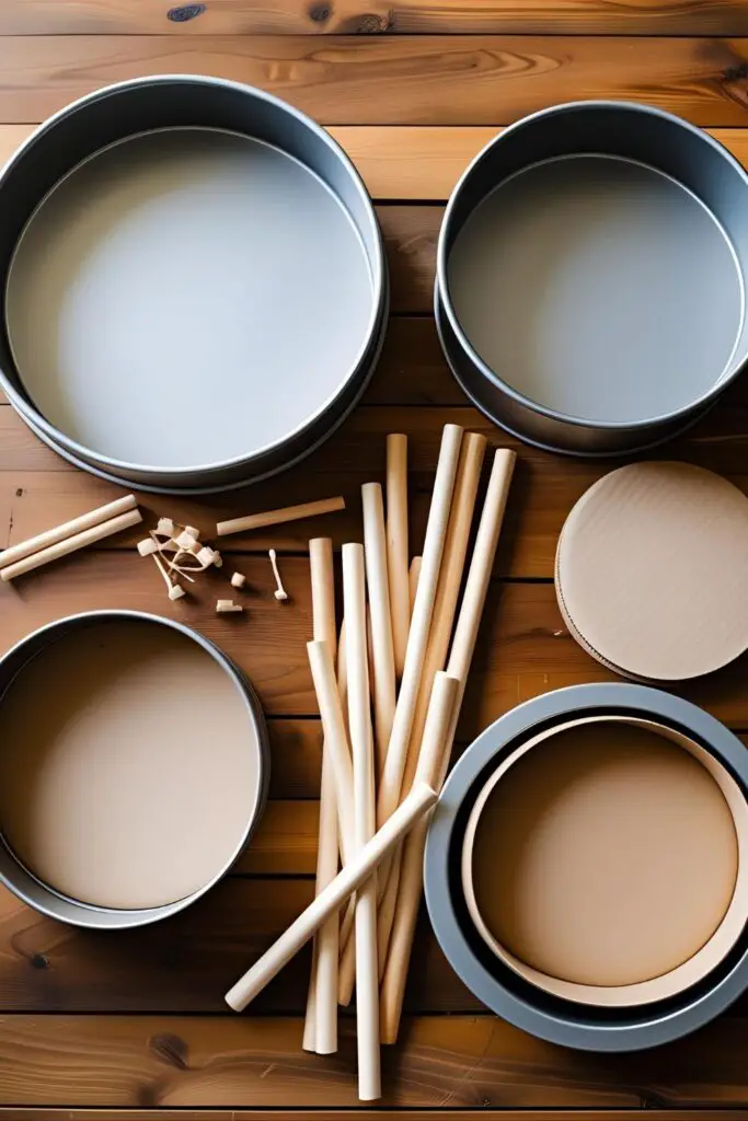 A flat lay image of the essential tools for stacking a cake, with a focus on dowel rods, cake pans, and cardboard rounds.