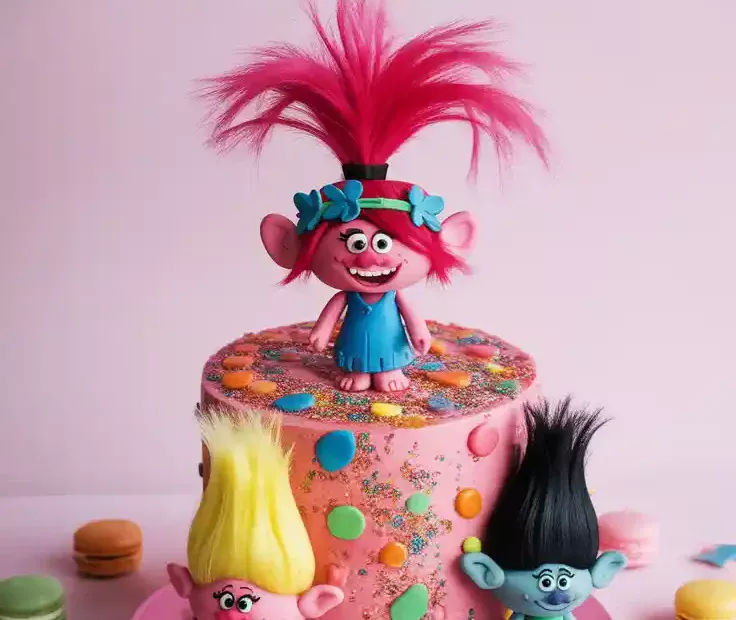A Pinterest pin with the text "Can't Stop the Feeling... To Bake This Cake!" over a photo of a colorful and fun Trolls-themed birthday cake.