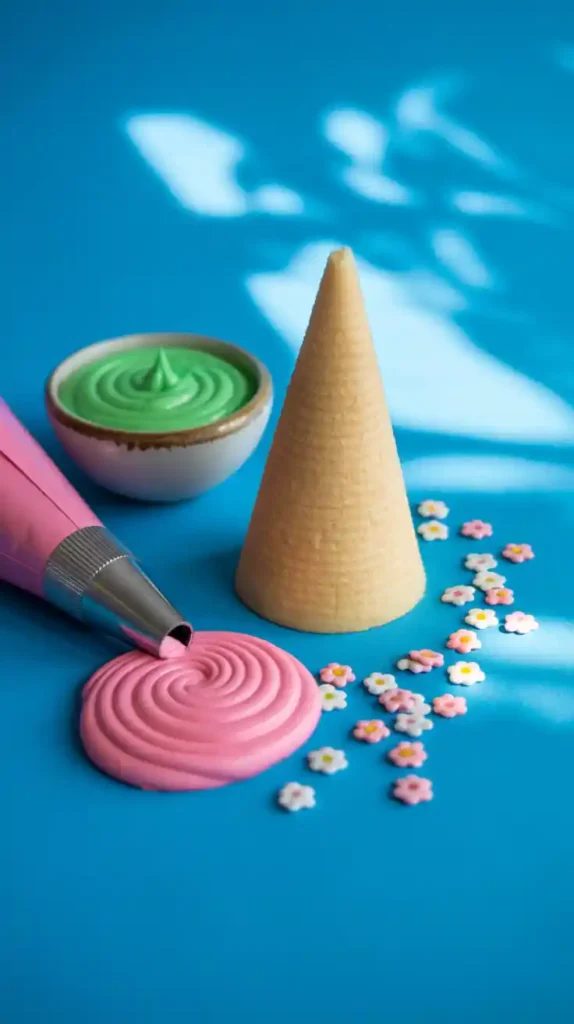  A flat lay collage showing the key elements for a Trolls cake: a sugar cone, pink and green frosting, and flower sprinkles.