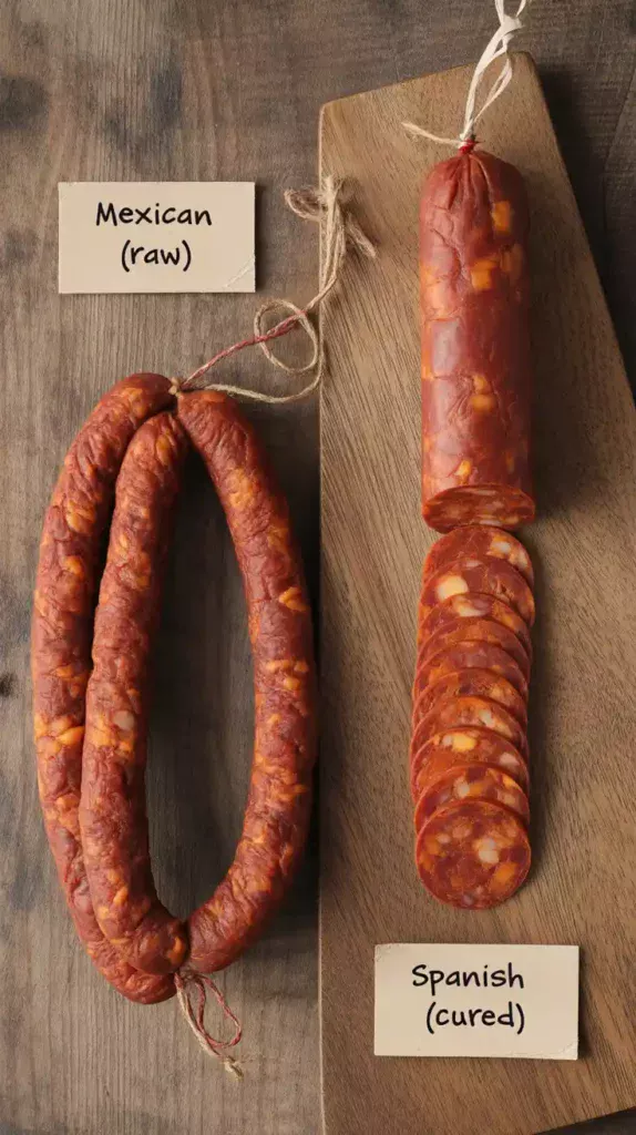 A collage showing the two main types of chorizo: raw, ground Mexican chorizo and firm, cured Spanish chorizo.