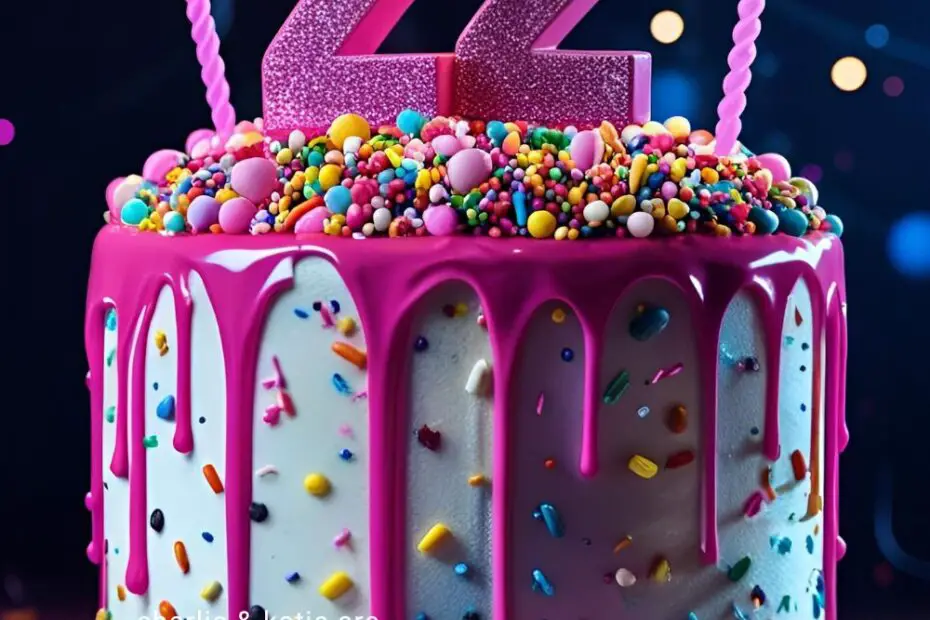 A collage of ingredients and tools for making a 22nd birthday drip cake, including Funfetti batter, sprinkles, and a squeeze bottle.