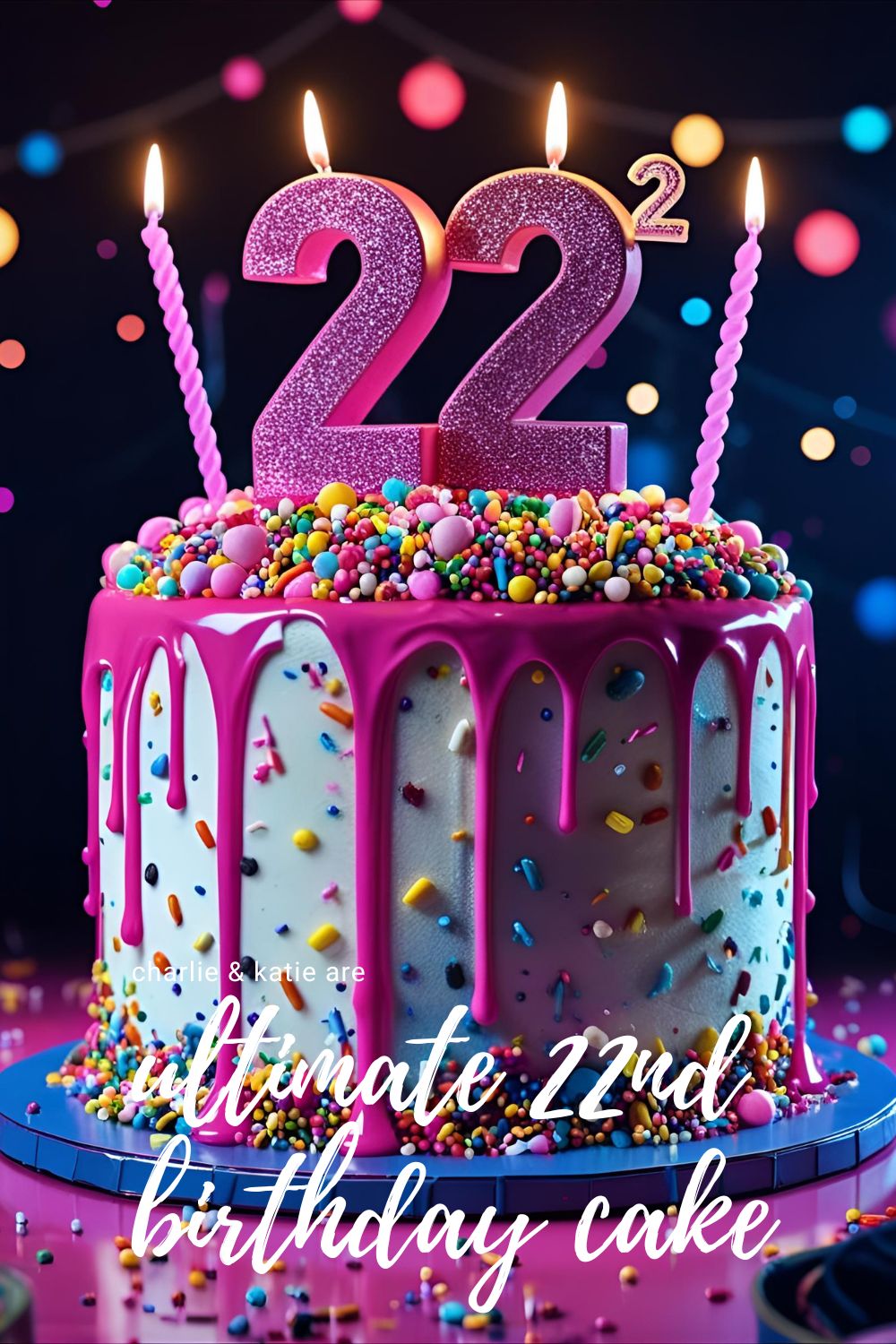 A collage of ingredients and tools for making a 22nd birthday drip cake, including Funfetti batter, sprinkles, and a squeeze bottle.