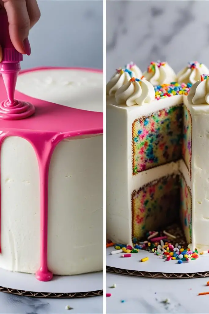 Two images showing the process of applying a colorful drip to a cake and a slice of the finished Funfetti cake.