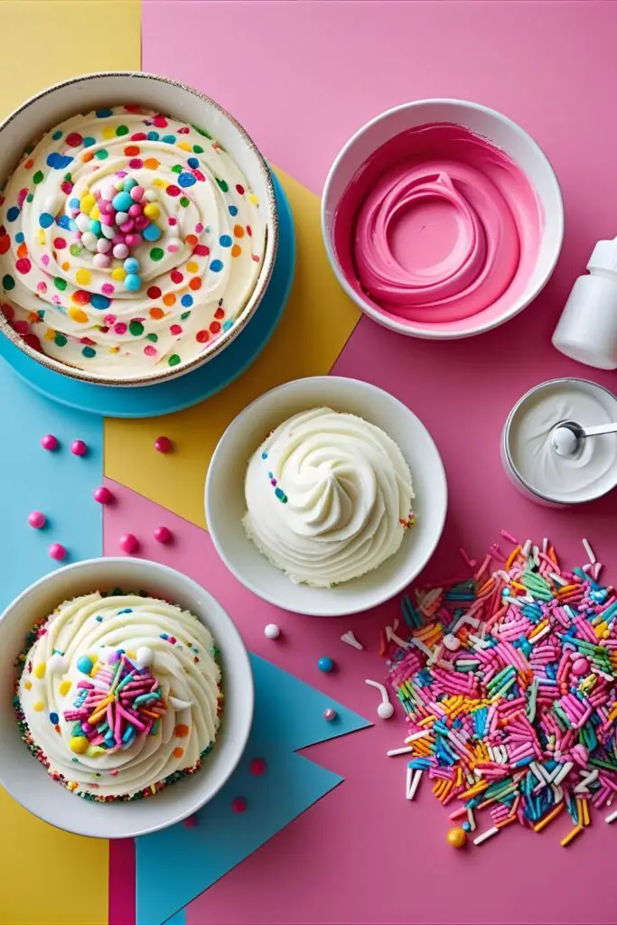 A collage of ingredients and tools for making a 22nd birthday drip cake, including Funfetti batter, sprinkles, and a squeeze bottle.