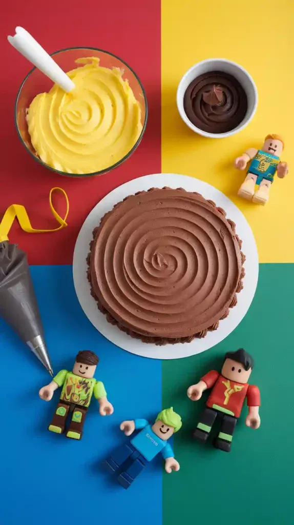 A collage of decorating supplies for a Roblox cake, including yellow and black frosting and character toys.
