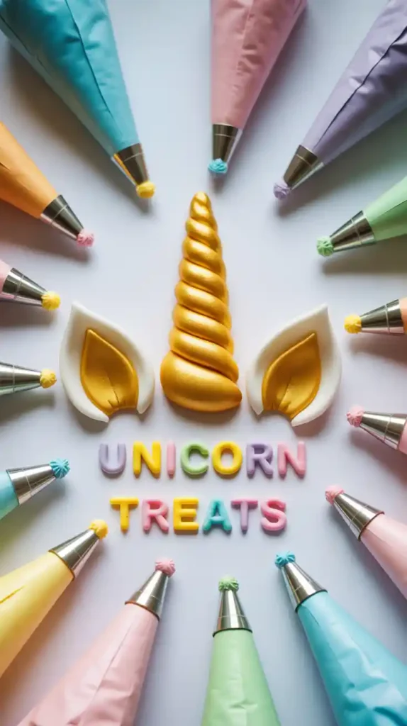 A flat lay collage showing the key decorating elements for a unicorn cake: a golden horn, fondant ears, and piping bags with rainbow frosting.