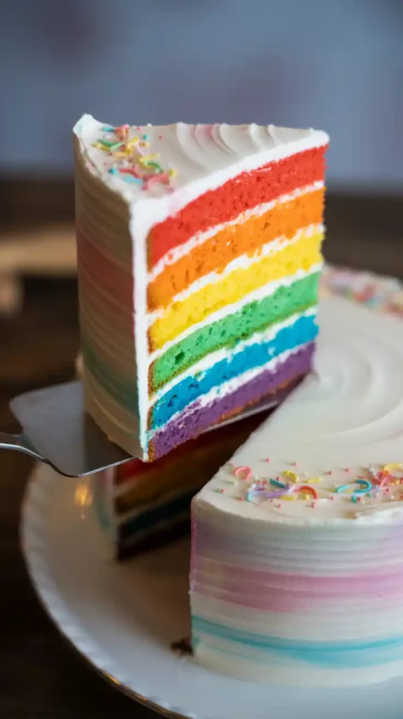 A close-up shot of a slice of unicorn cake being served, revealing the surprise rainbow layers inside."