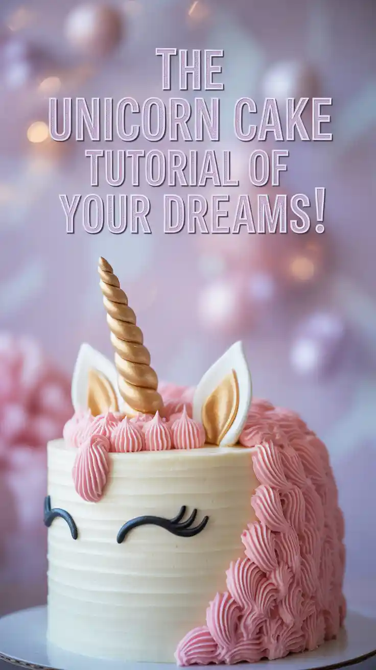 A Pinterest pin with the text "The Unicorn Cake Tutorial of Your DREAMS!" over a photo of a magical, finished unicorn birthday cake.