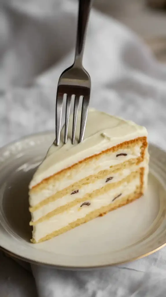 A close-up photo of a slice of homemade vanilla cake, highlighting the moist crumb and layers of white buttercream frosting.