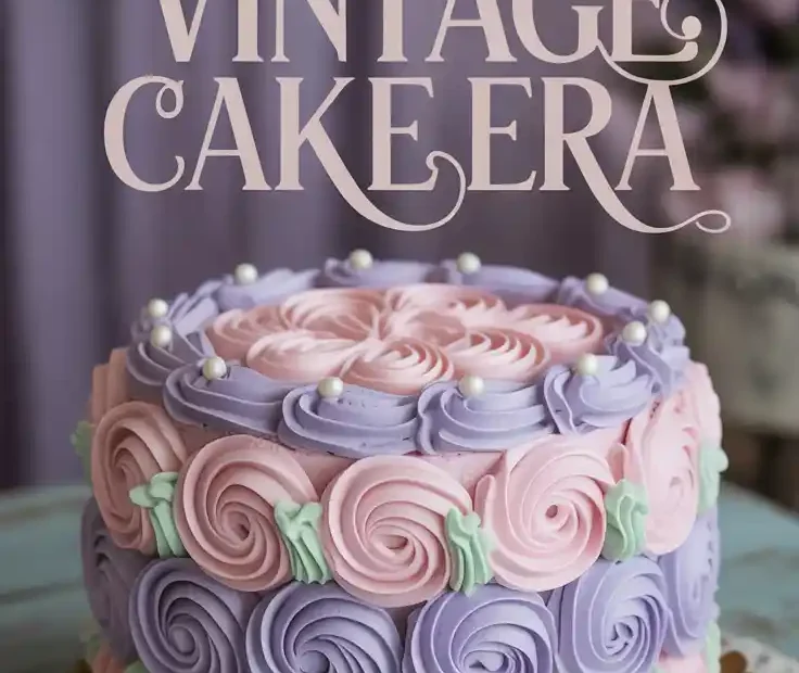 A Pinterest pin with the text "In My Vintage Cake Era" over a photo of a beautiful, elaborately piped vintage-style cake.