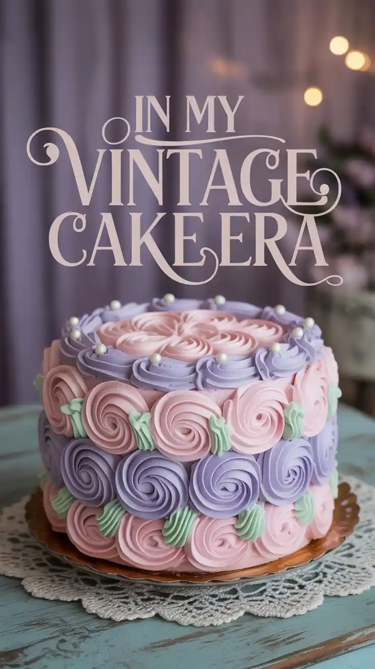 A Pinterest pin with the text "In My Vintage Cake Era" over a photo of a beautiful, elaborately piped vintage-style cake.