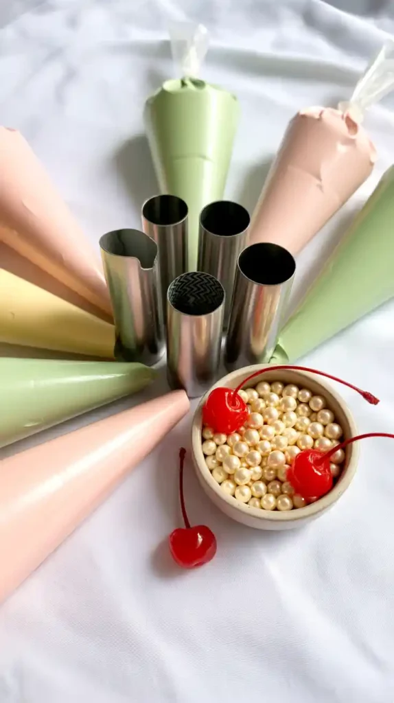 A flat lay collage showing various piping tips, pastel buttercream in piping bags, and other decorations for making a vintage cake.