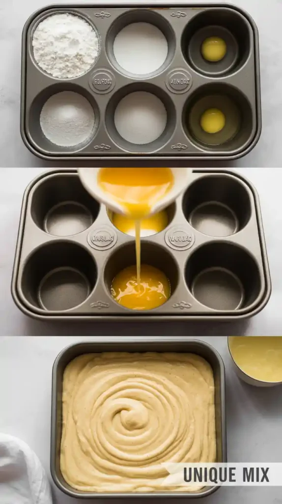A collage showing the unique in-pan mixing process for a "wacky cake" or "piece of cake" recipe.