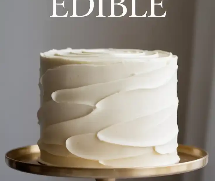 A Pinterest pin with the text "Elegance is Edible" over a photo of a minimalist, elegant all-white cake.