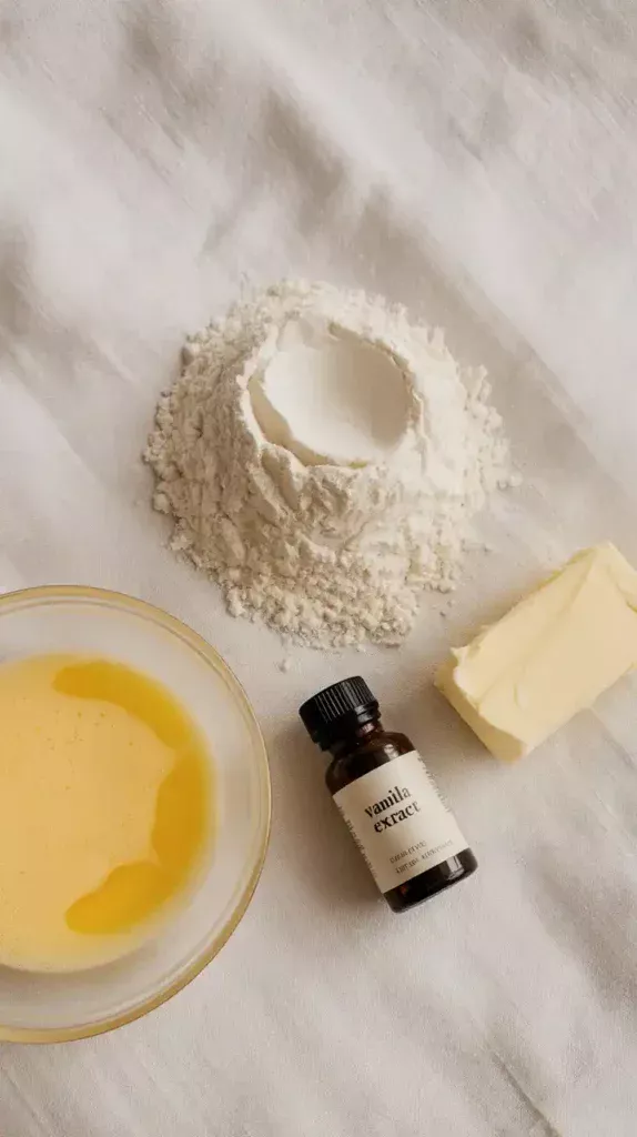A flat lay collage showing the simple ingredients for a white cake: cake flour, egg whites, clear vanilla, and butter.

