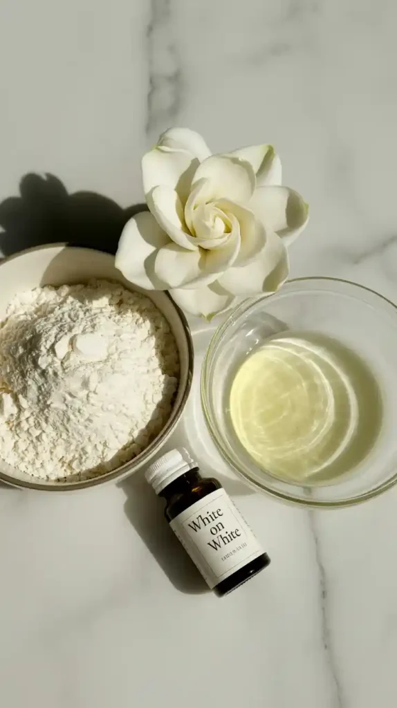A minimalist flat lay collage showing the ingredients for a white cake, including cake flour, egg whites, and clear vanilla extract.