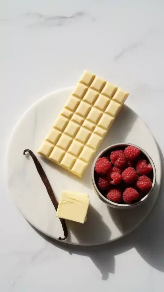 A flat lay collage showing high-quality white chocolate, fresh raspberries, and butter, representing the ingredients for a white chocolate cake.