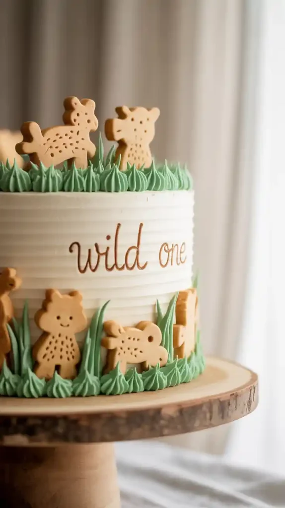 A close-up of a "Wild One" themed first birthday cake, showing the detail of the animal crackers and piped frosting grass.