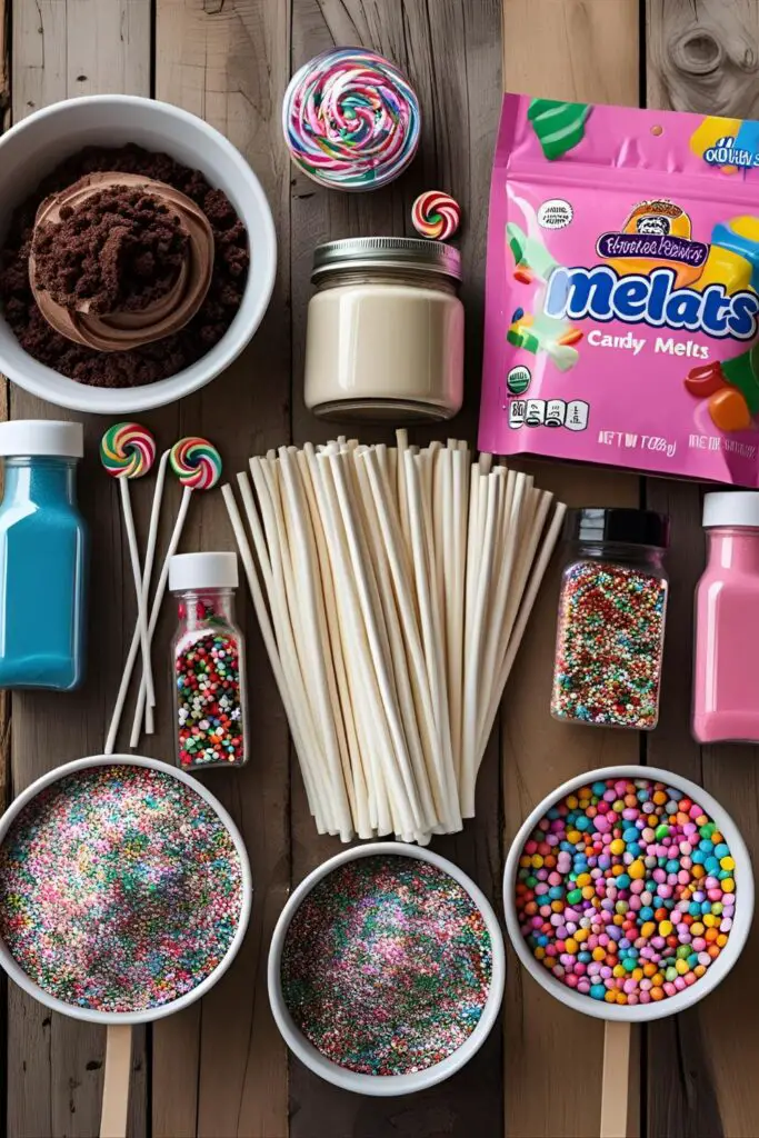 A collage of ingredients for making cake pops, including cake crumbs, frosting, candy melts, and sprinkles.