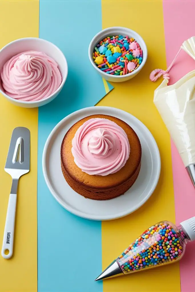 A collage of tools and ingredients for decorating small cakes, including a mini cake, frosting, and sprinkles.
