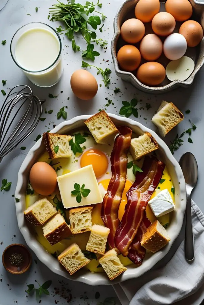 Close-up of casserole square showing layers of cheese, egg, and bread, garnished with herbs