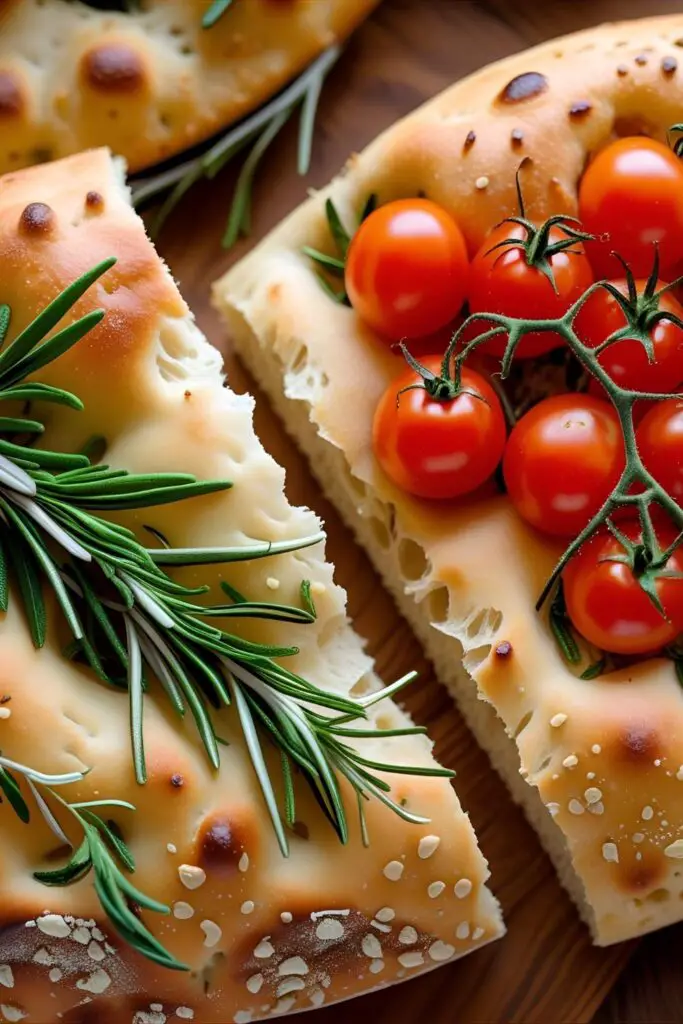 Two focaccia art loaves decorated with tomato, herb, on cooling rack.