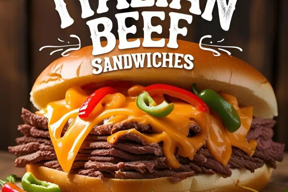 Close-up of Italian beef sandwich with melted cheese and peppers drippings