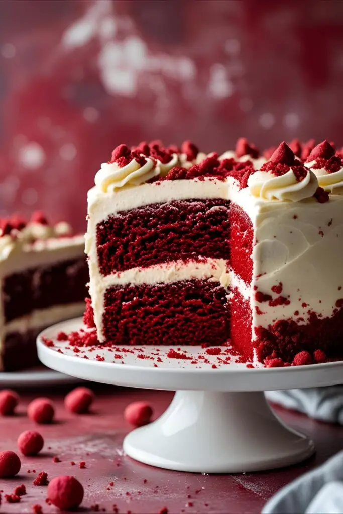 Whole red velvet cake decorated with piped frosting and crumbs on a neutral background