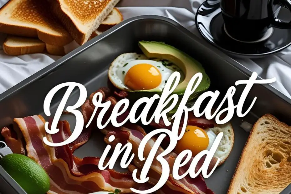 Elegant breakfast tray with eggs, avocado, bacon, toast, and coffee.