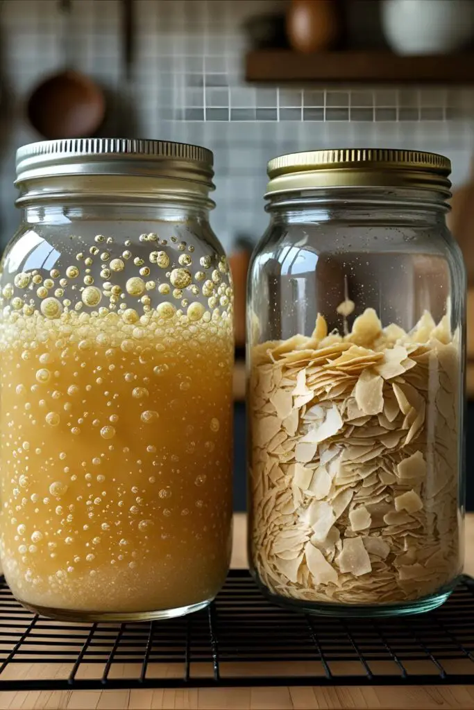 Two jars: one with active, bubbly sourdough starter, another with starter flakes.