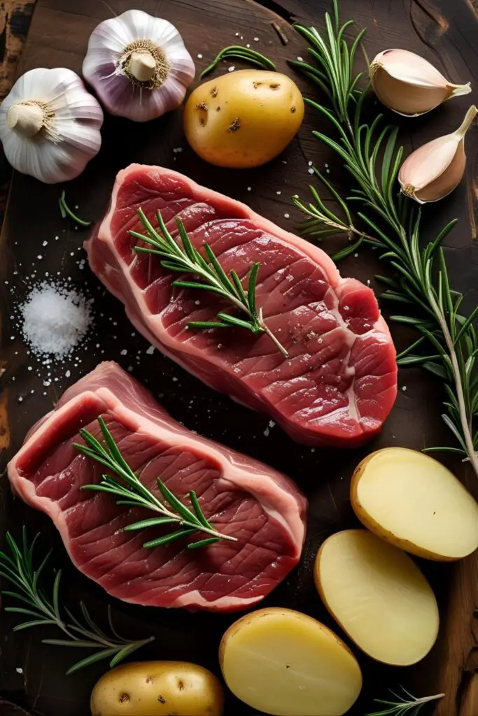 Seared steak with crispy potatoes and herbs on a wooden platter