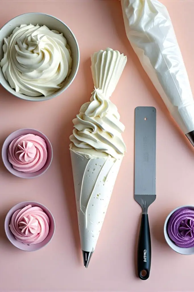  A collage of tools for buttercream cake decorating, including frosting, a piping bag, and a bench scraper.