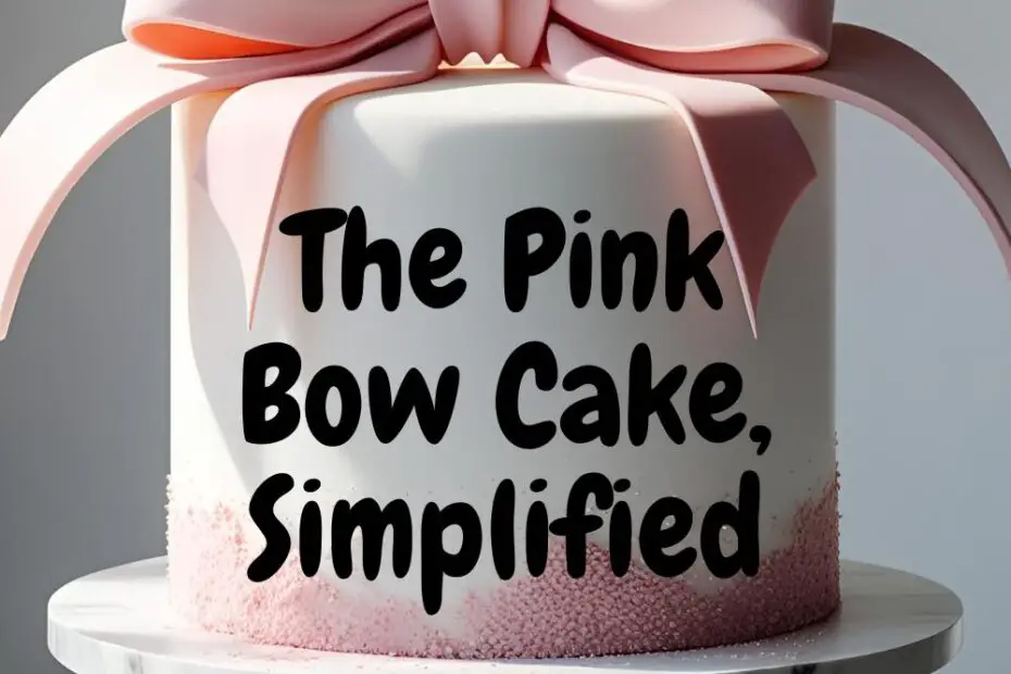 An elegant white cake topped with a large pink fondant bow, with the text overlay "The Pink Bow Cake, Simplified".