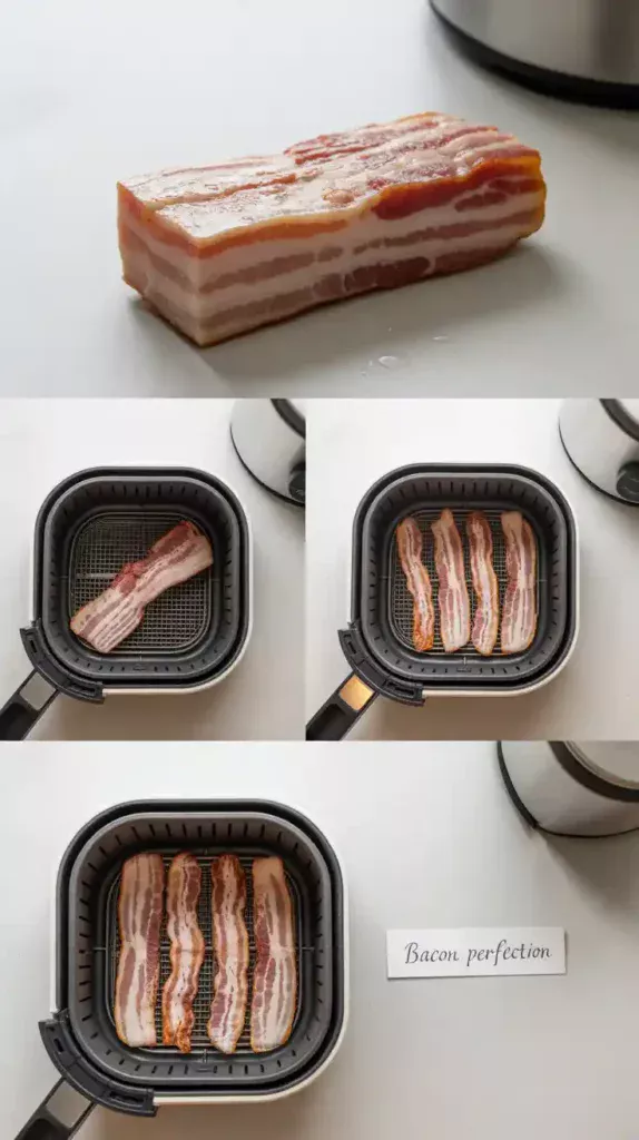 A collage showing the process of cooking frozen bacon: the frozen block, the thawing stage, and the separated slices in the air fryer.