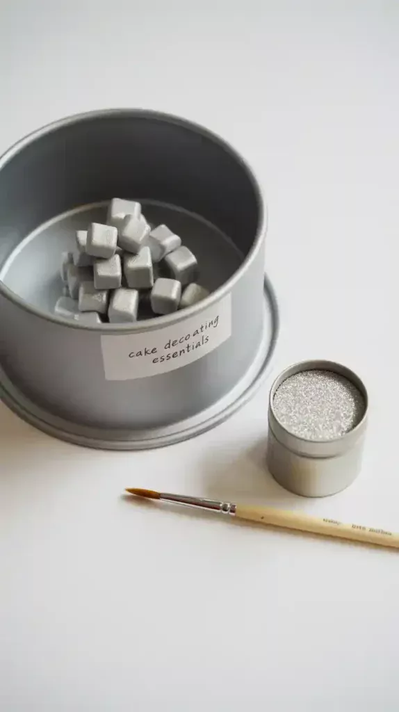 A flat lay image of the essential tools for making a disco ball cake, including a sphere pan, silver fondant squares, and luster dust.