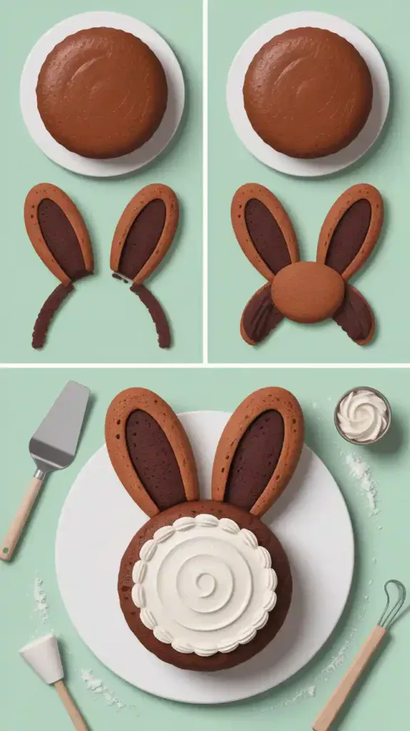 A collage showing the process of making an Easter bunny cake: the two round cakes, the cutting step, and the final assembly of the pieces.